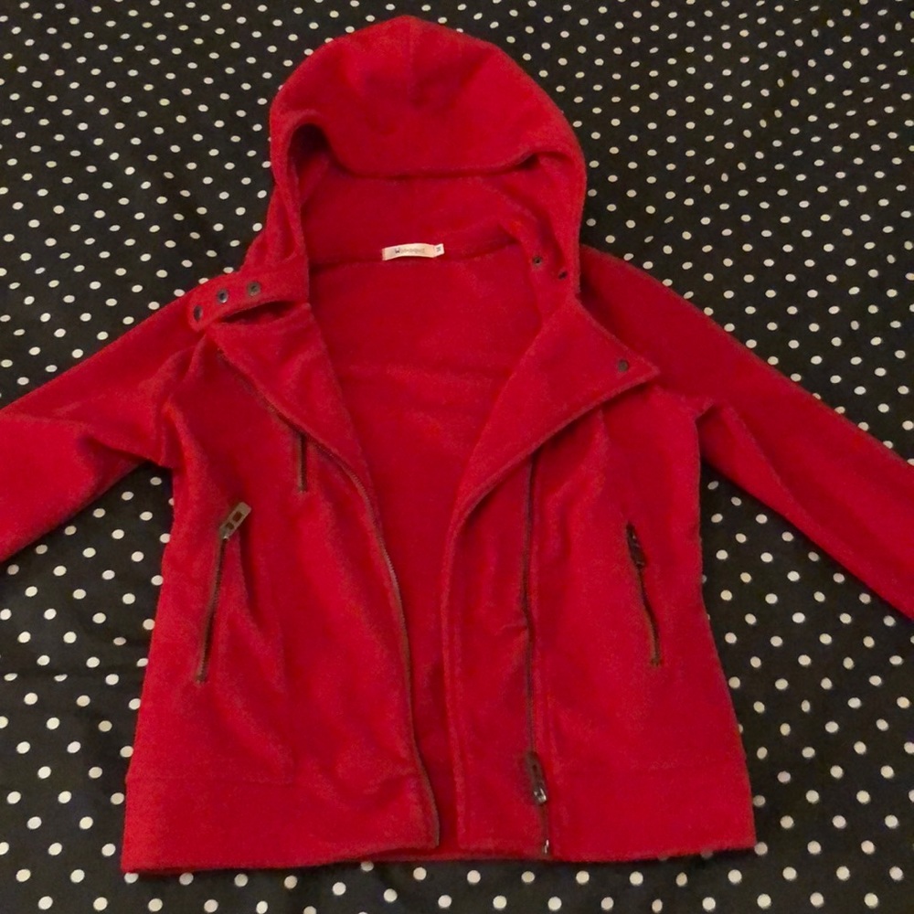 Red jacket/sweater/sweatshirt. Super soft and cute